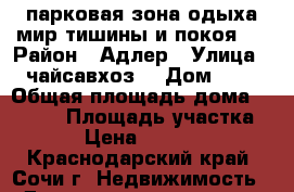 парковая зона одыха мир тишины и покоя   › Район ­ Адлер › Улица ­ чайсавхоз  › Дом ­ 4 › Общая площадь дома ­ 6 000 › Площадь участка ­ 234 › Цена ­ 1 630 000 - Краснодарский край, Сочи г. Недвижимость » Дома, коттеджи, дачи продажа   . Краснодарский край,Сочи г.